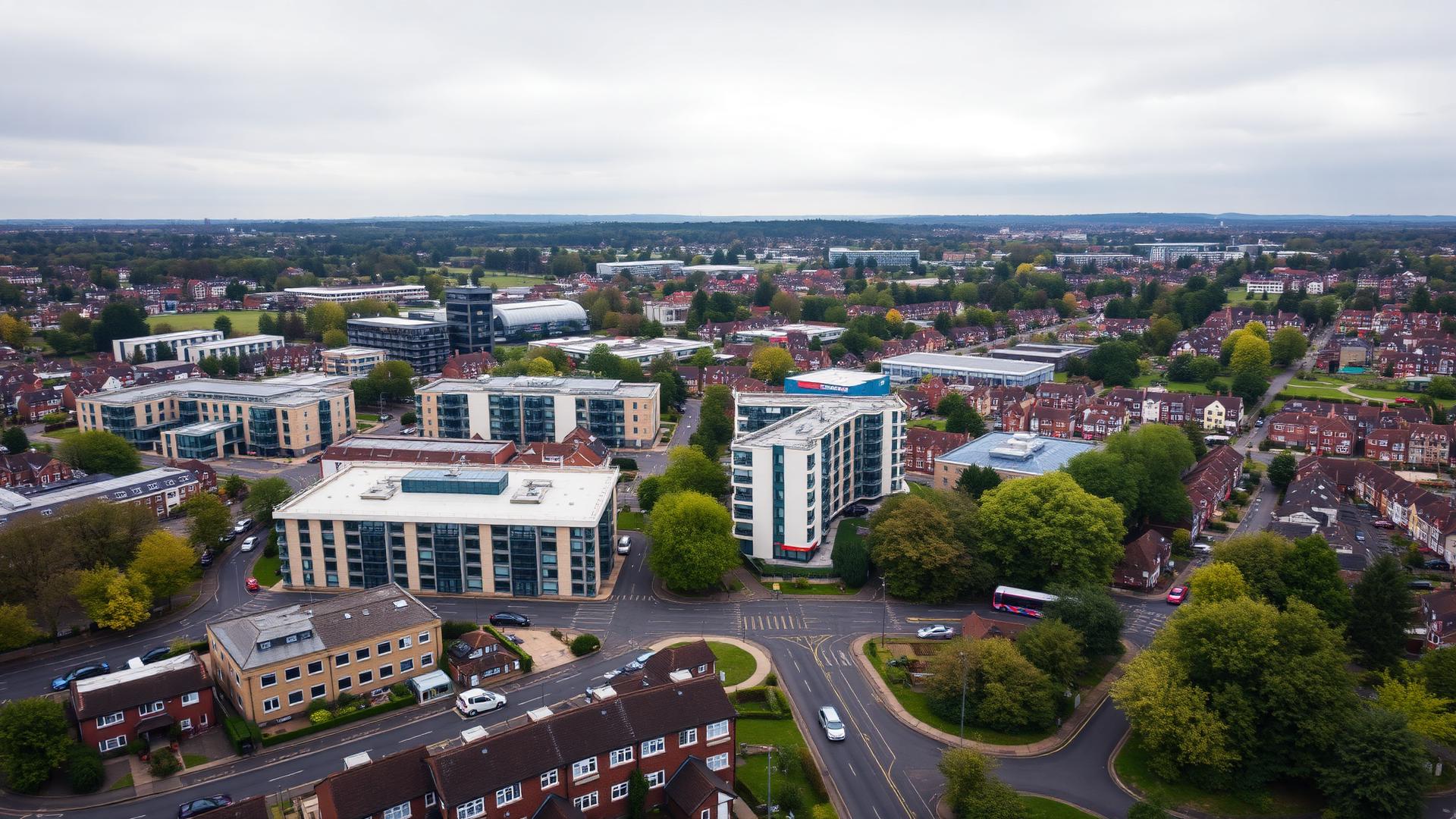 Aerial view of Crawley town centre West Sussex showing residential and commercial properties