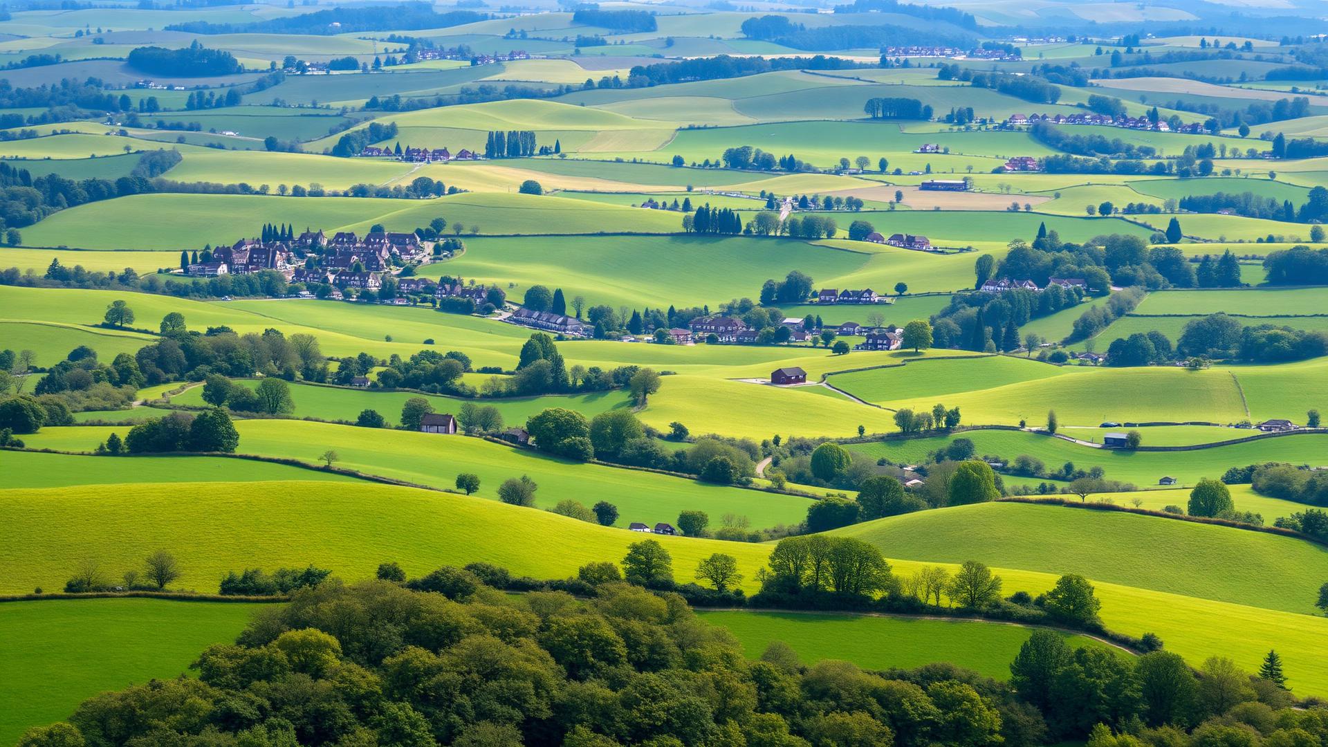 Surrey and Sussex countryside with rolling green hills and residential properties