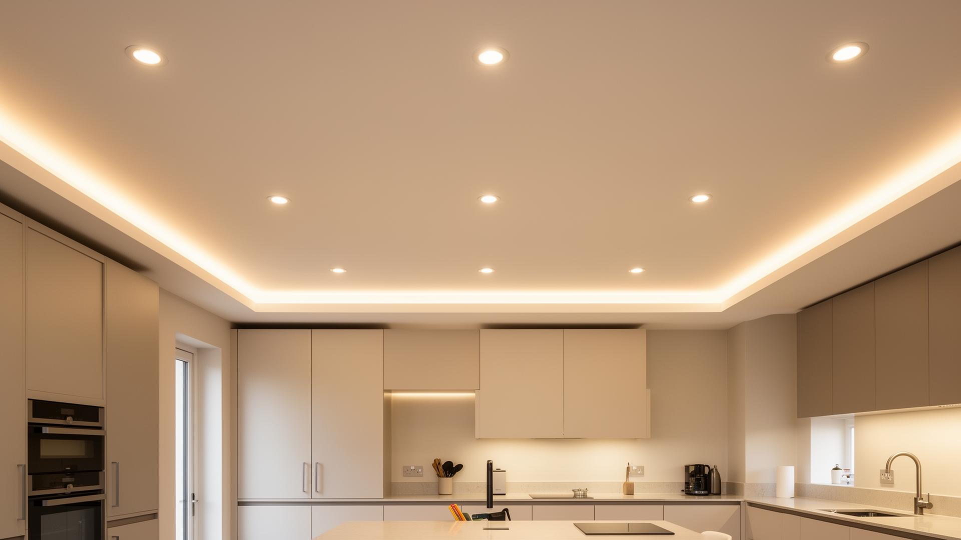 Modern LED downlights installed in a residential kitchen ceiling